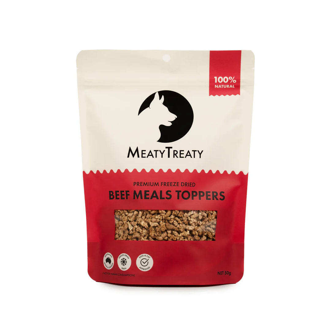 MeatyTreaty beef meals toppers packaging on a white background