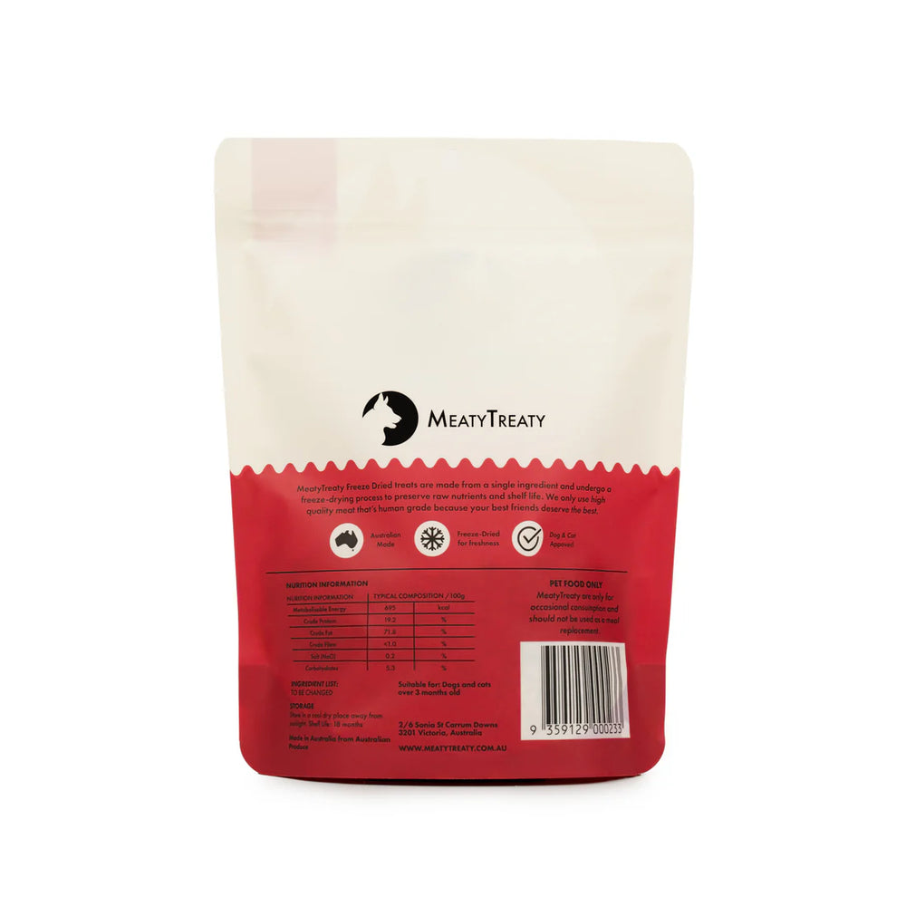 Red and white package with 'Meaty Treaty' branding on a white background