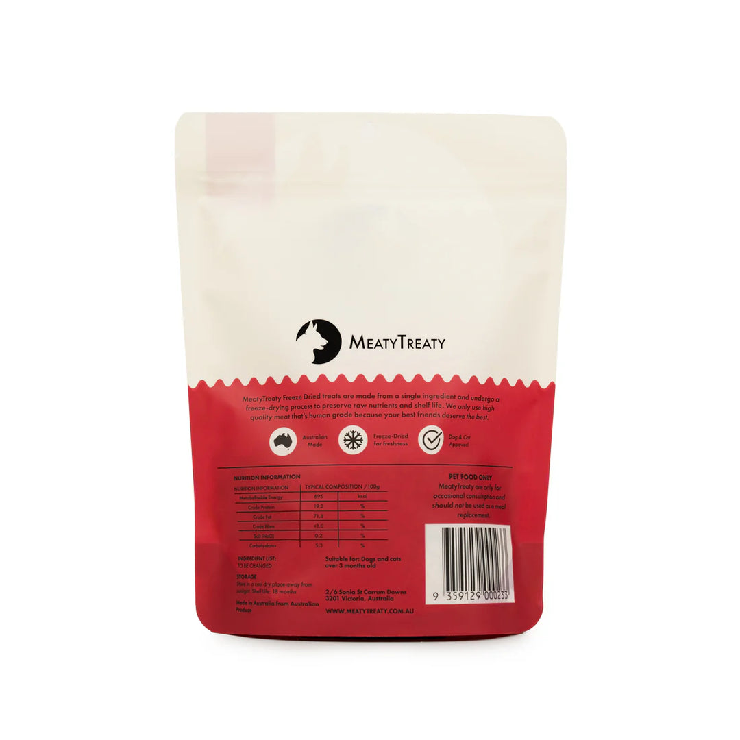 Red and white package with 'Meaty Treaty' branding on a white background